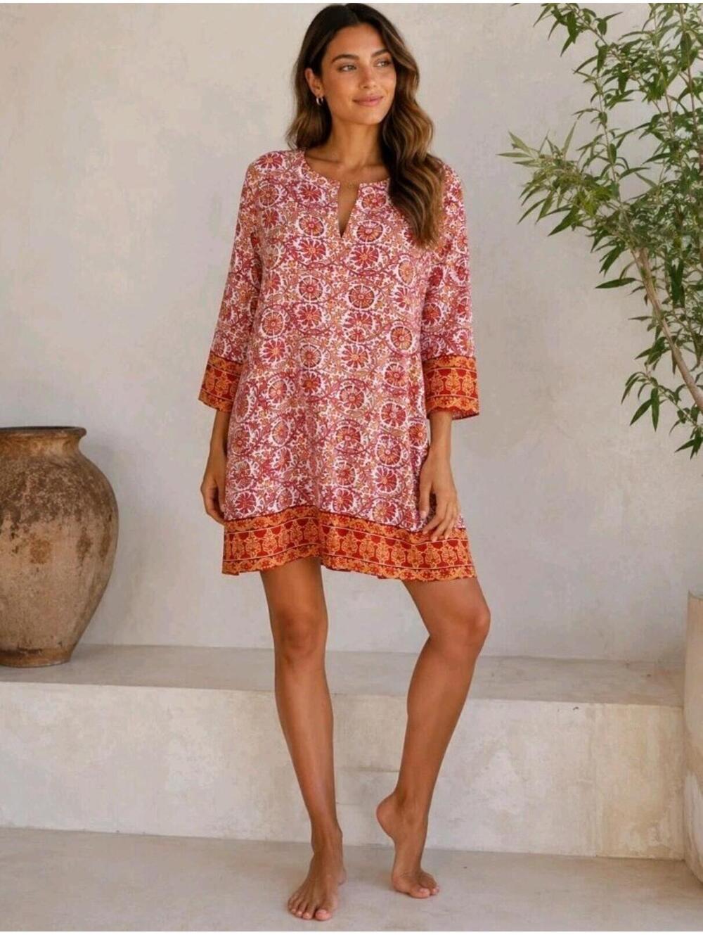Coolibar Oceanside Tunic Dress Women M UPF 50 Orange Beach Coverup Travel #AA - Picture 7 of 8